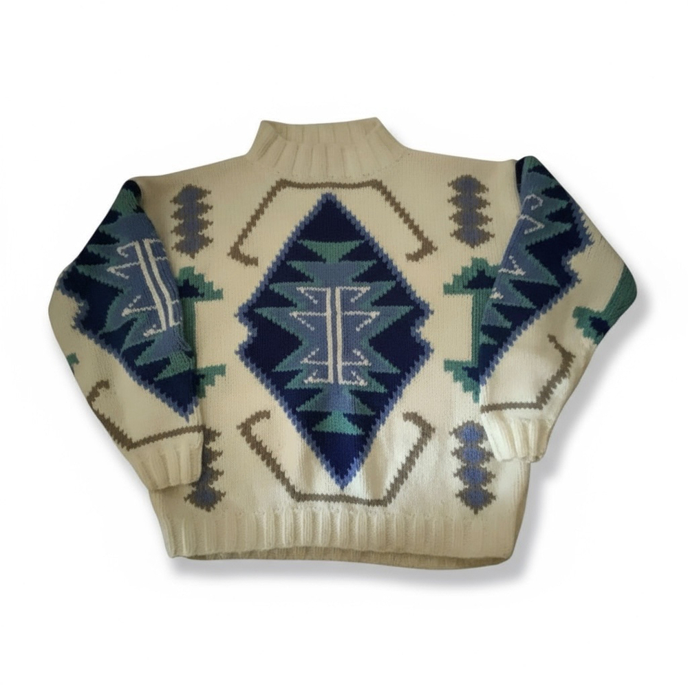 Karuba Vintage Knit Wool Sweater Medium Off-White Blue Geometric
